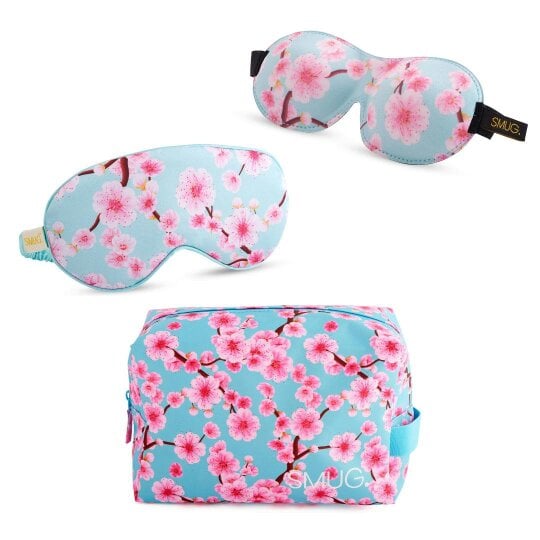 SMUG Contoured & Satin Sleep Mask Double Pack & Wash Bag Set- Various Prints - Cherry Blossom