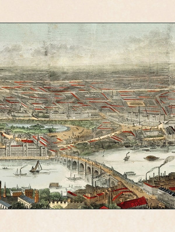 Exceptional Art c.1845 Panoramic View of London and the River Thames