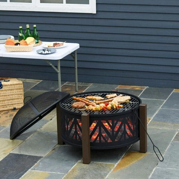 Bobobiy Metal Large Firepit Bowl Outdoor 2-In-1 Round Fire Pit Brazier with Lid, BBQ Grill, Poker for Backyard, 78 x 60cm, Black, 78 x 78 x 60cm - Black