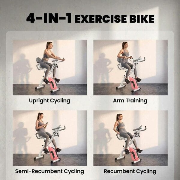 4-In-1 Folding Exercise Bike with Resistance Bands, Bluetooth App, 8-Level Magnetic Resistance, LCD Display, Pink