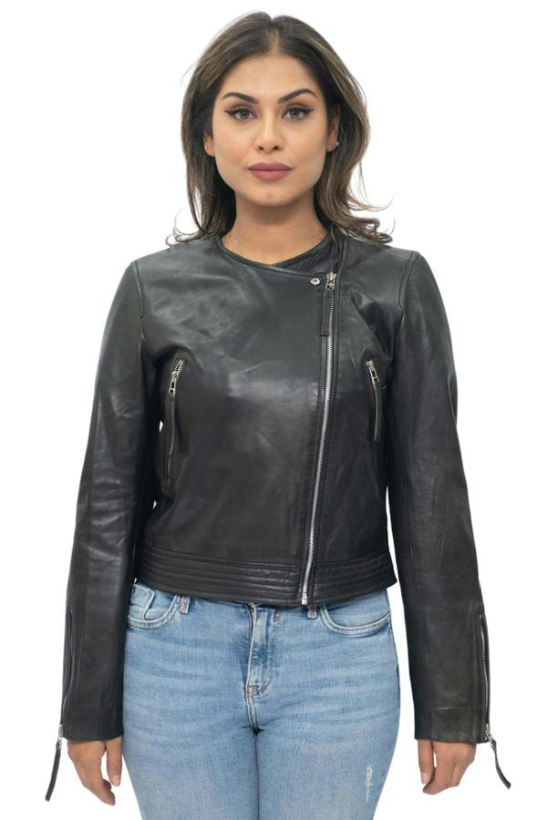 Infinity Leather Womens Collarless Biker Jacket-Padova