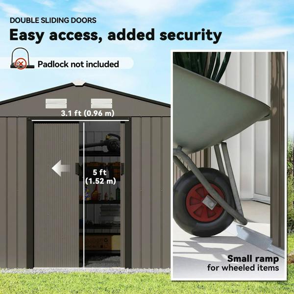 Brown metal garden shed showing double sliding doors and interior storage space