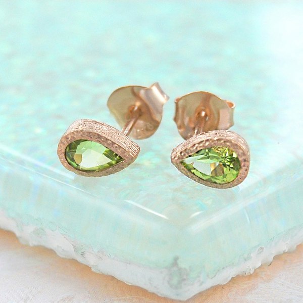 Peridot Teardrop Rose Gold Plated Sterling Silver August Birthstone Stud Earrings