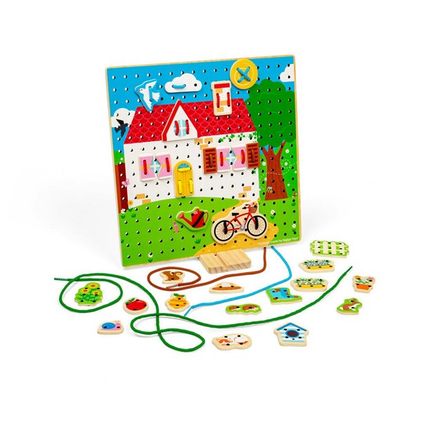 Bigjigs Toys Wooden House Lace-A-Shape Game - 30 Geometric Shape Lacing Cards & 6 Laces