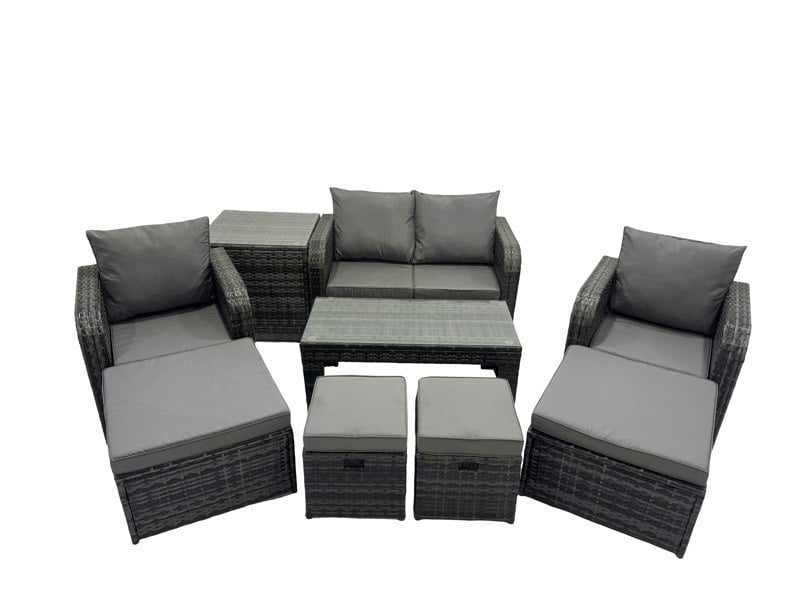 Fimous 3 Seater Sofa Reclining Chair Coffee Table Set Rattan Garden Outdoor Furniture Set with Side Tables 4 Stool Dark Grey Mixed