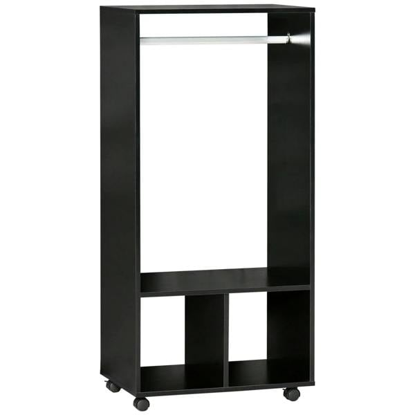 Black mobile open wardrobe with hanging rail and two lower storage shelves