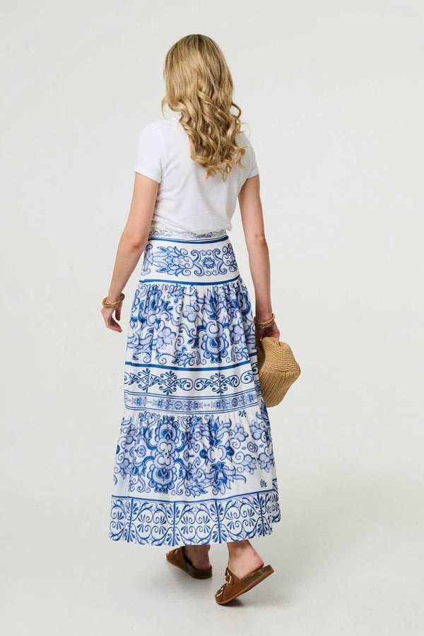Blue | Mosaic Print High Waist Tiered Maxi Skirt
