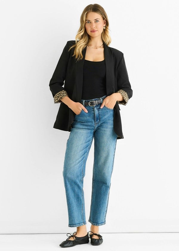 Gini London Black Contrast Animal Edge to Edge Blazer