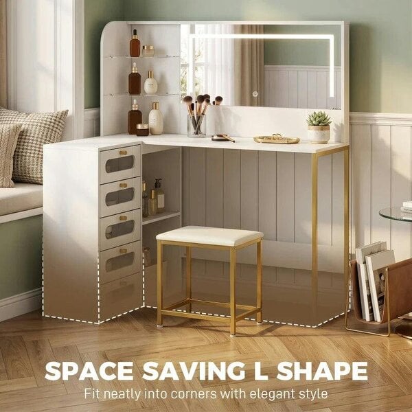 Dressing Table with LED Mirror and Stool, L-Shaped Vanity Desk with Drawers and Shelves, White