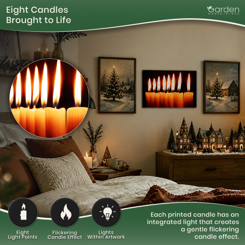 Christmas Canvas Print with 8 LED Flickering Candles, 40 x 30cm, Stretched Wooden Frame, Battery Operated, Indoor Use