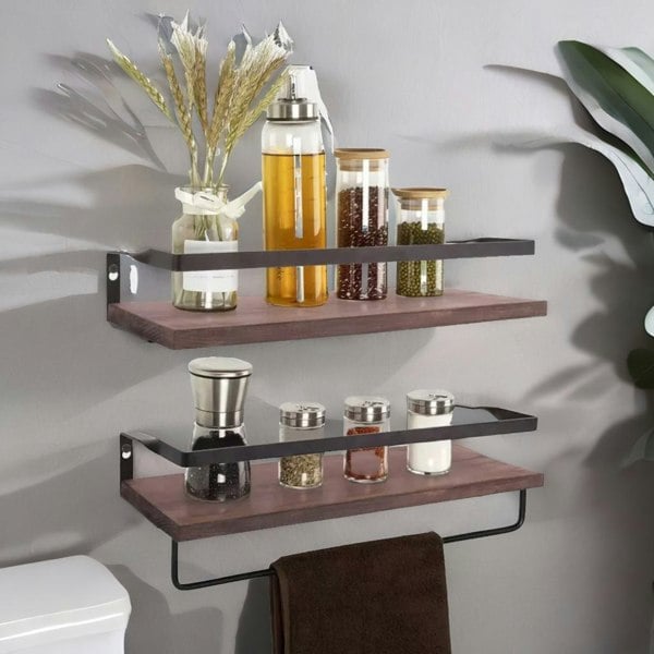 Rafaelo Mobilia 2PC Wooden Floating Shelves with Hanging Rail Brown