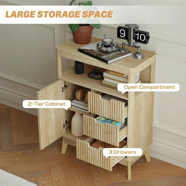 Small Sideboard with Drawers and Adjustable Shelf - Nature Wood Finish