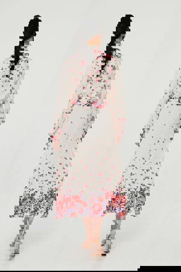 Pink | Floral Border Tie Waist Midi Shirt Dress