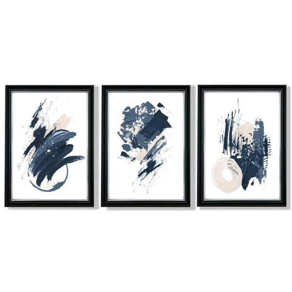 Abstract Set of 3 Minimal Blue Oil Painting Framed Art Prints with Vermeer Black and Silver Frames