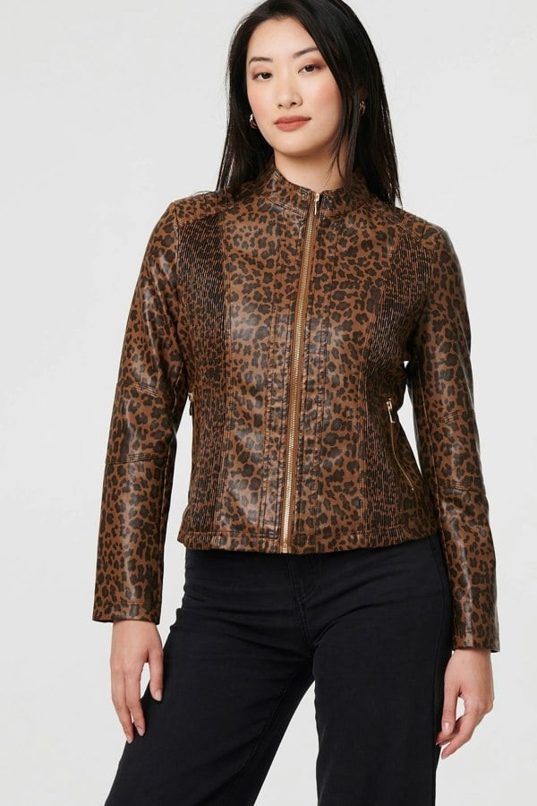 Brown | Animal Print Faux Leather Jacket
