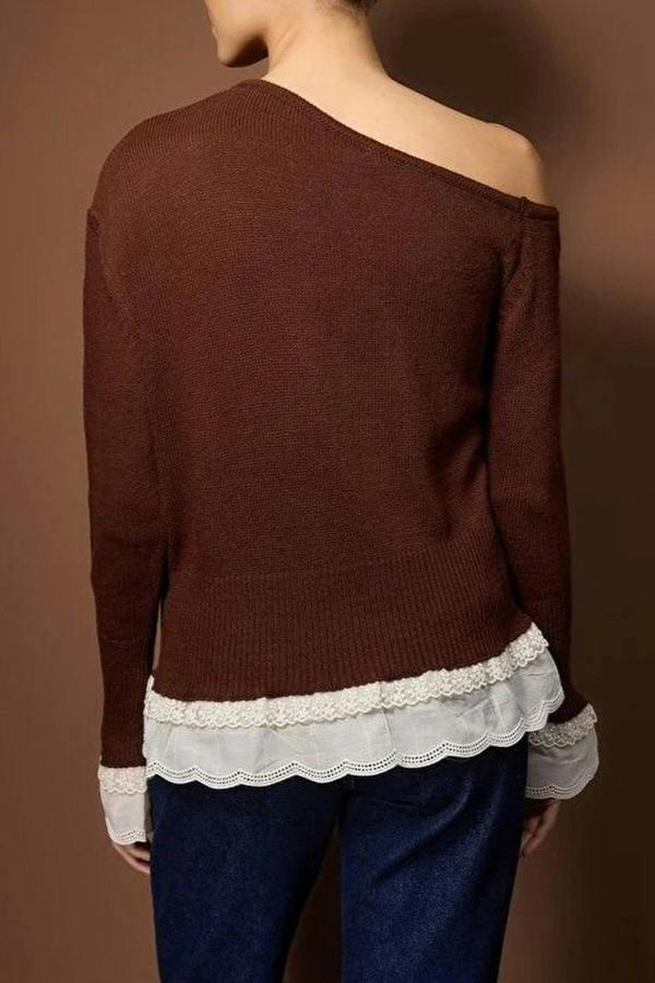 WOVCOR Lace Trimmed Boat Neck Knit Sweater