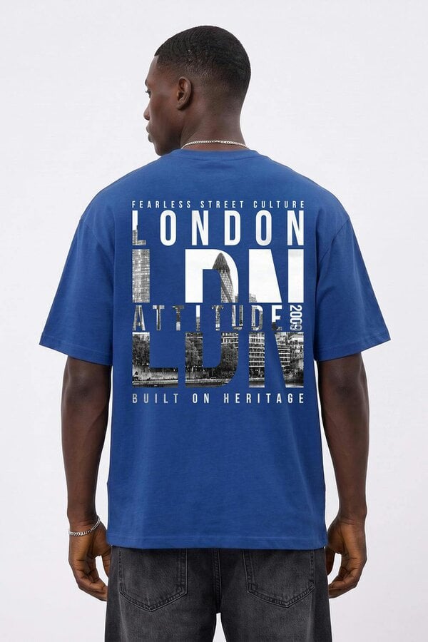 London Attitude Fearless Street Culture Oversized Heavyweight Graphic T-Shirt - Deep Royal Blue