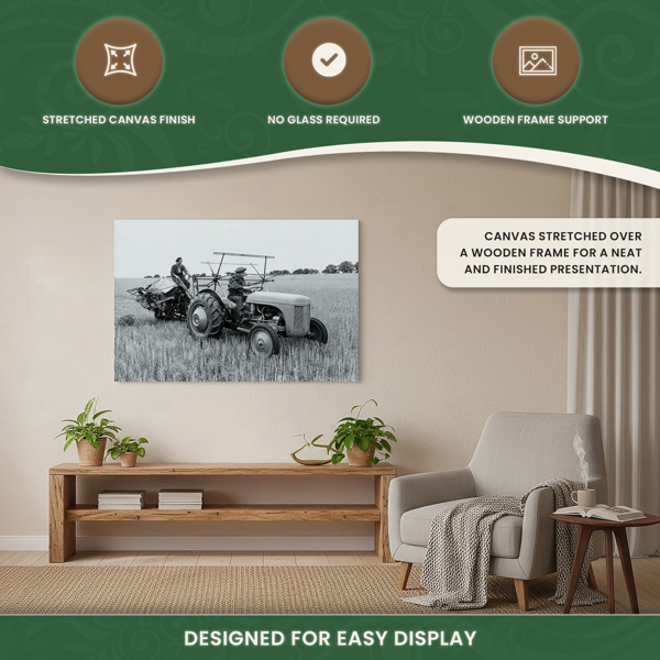 Ferguson TE20 Tractor and Binder Canvas Picture Print, Circa 1947 Black and White, 60 x 40 cm, Stretched Canvas on Wooden Frame