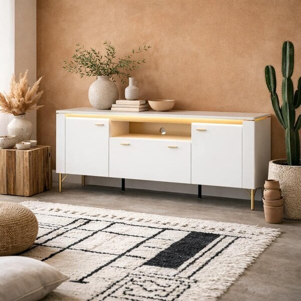 Wyld Haus Maribo White TV Cabinet 2 Door 1 Drawer Gold Metal Legs