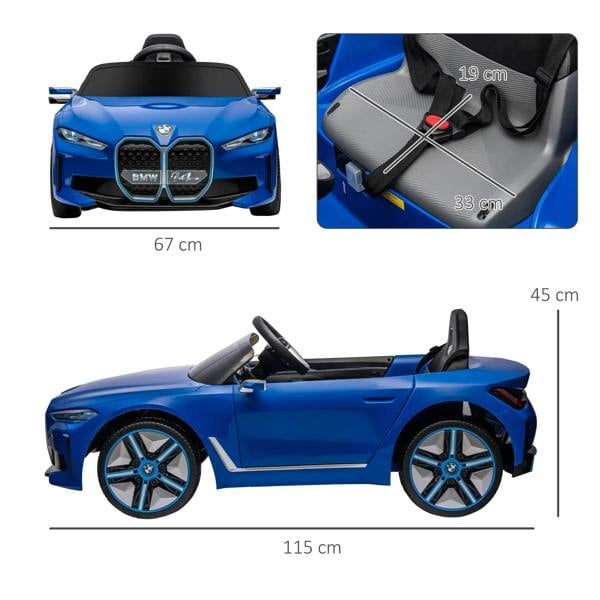 Blue kids electric ride-on car with steering wheel and seat, shown with size diagrams.