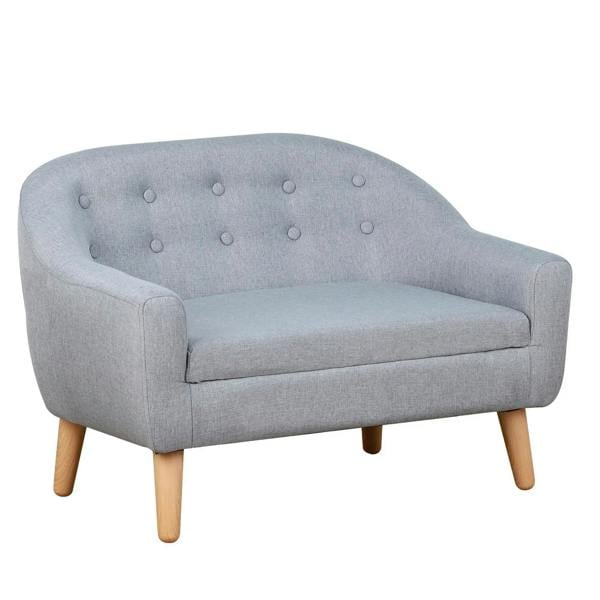 Grey kids armchair sofa with button-tufted backrest and light wood legs