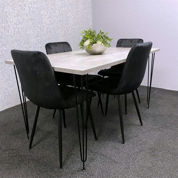 Kosy Koala Grey Dining Table with Hairpin Legs & 4 Black Velvet Chairs Set for Kitchen & Dining Room