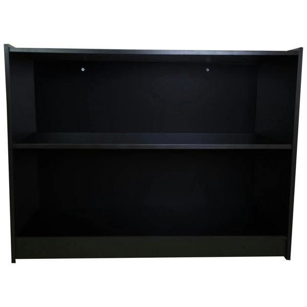 Sleek black A1200 retail shop counter with two spacious shelves, perfect for displaying products in a modern retail environment
