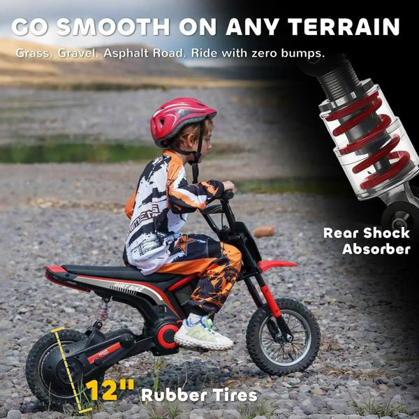 Red electric kids motorbike with rear shock absorber and thick tread tires
