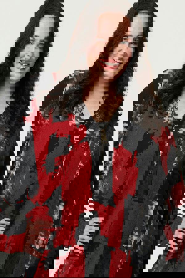 Red | Curve Abstract Zip Front Long Sleeve Top