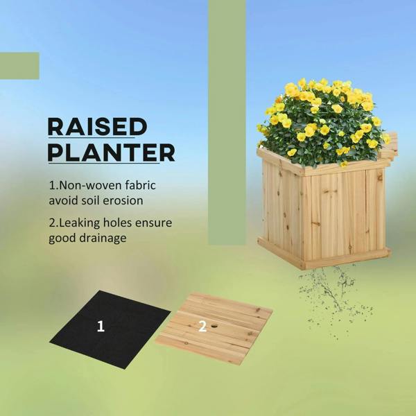 Natural wooden raised planter box with yellow flowers, shown with drainage fabric diagram