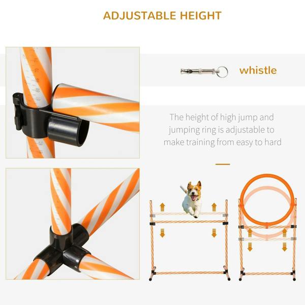 Adjustable height ring hurdle with orange-and-white jump poles and height adjustment parts