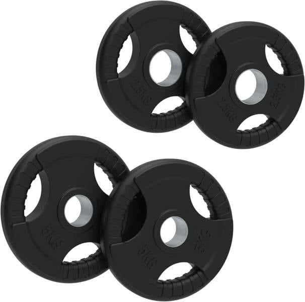 15kg bundle of black rubber Olympic tri-grip weight plates with textured surface and easy-grip handles for secure lifting
