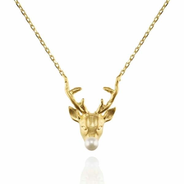 Gold Reindeer Pendant Necklace with a Pearl - namana.london