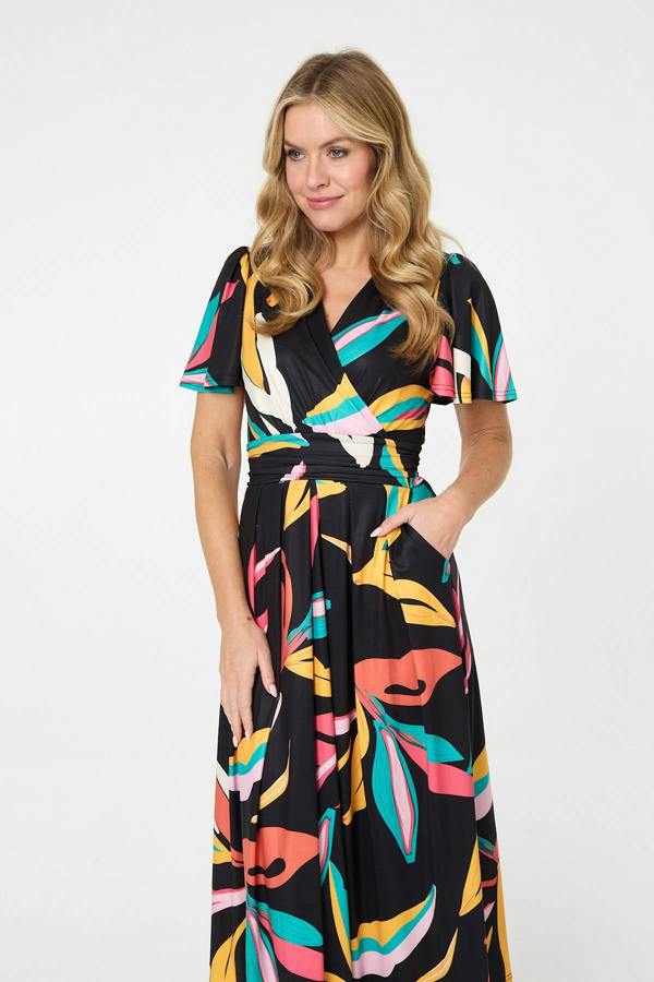 Green | Abstract Faux Wrap Tie Back Midi Dress