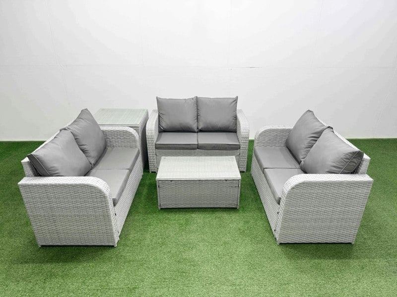 Fimous  7 Seater PE Wicker Rattan Furniture Sofa Sets with Rectangular Coffee Table 2 Seater Love Sofa Big Footstool Light Grey