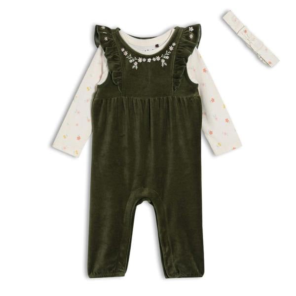 Mini Cuddles Baby Girls Floral Embroidered Dungaree 3pc Set, Green