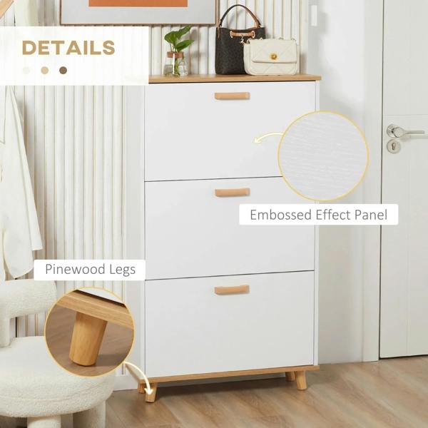 White shoe cabinet with embossed effect panel and pinewood legs