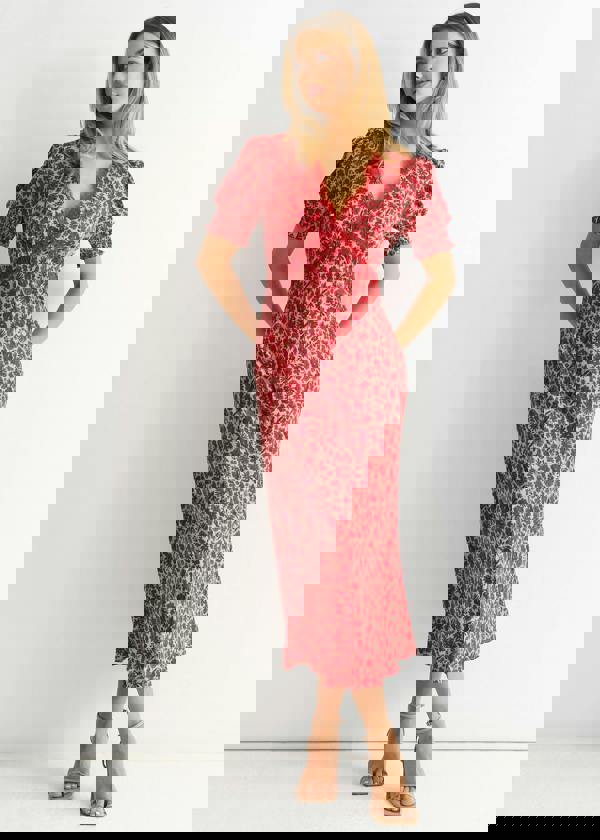 Gini London Red Floral Lace Trim V Neck Midi Dress