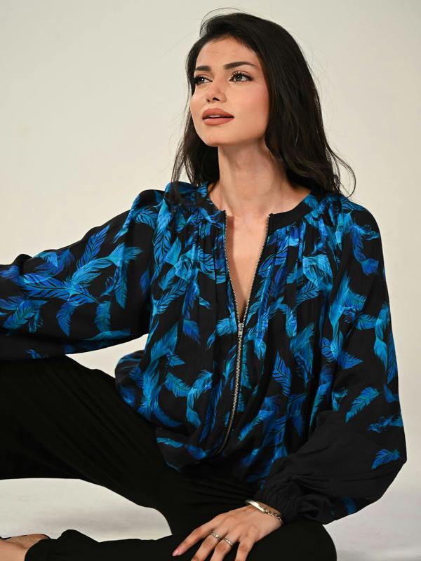 Rose & Nancy Lille Feather Print Black Zip Front Light Bomber Jacket