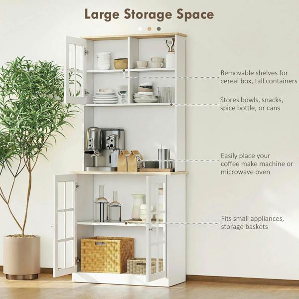 White kitchen cupboard with glass doors, open storage shelves, and countertop