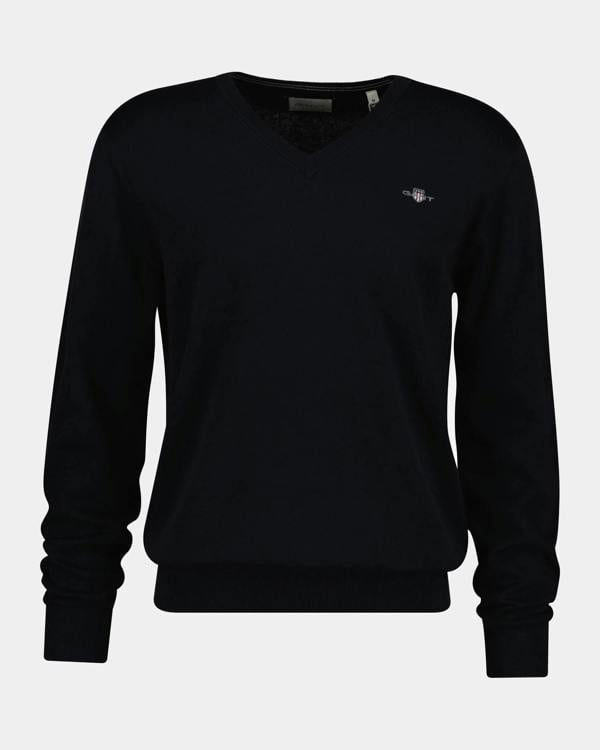 GANT Mens Classic Cotton Shield Logo V-Neck Jumper - 5 Black | CHO | Designer Mens V-Neck Jumpers