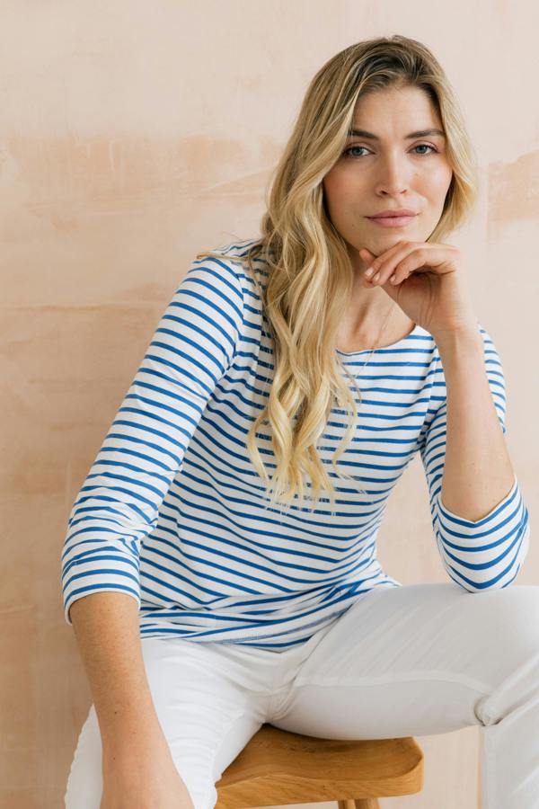 Lily & Me Coastal 3/4 Sleeve Jersey Stripe Tunic Cobalt
