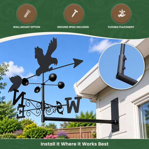 Eagle Weathervane, All-Steel Black Painted Weather Vane With Wall Fixings and 1.7m Ground Spike, Wind Speed Cups