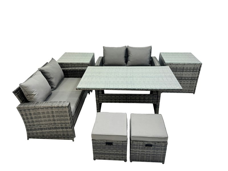 Fimous 6 Seater Wicker PE Rattan Furniture Outdoor Dining Table Double Seat Sofa 2 Side Table 2 Small Stools Set Dark Grey Mixed