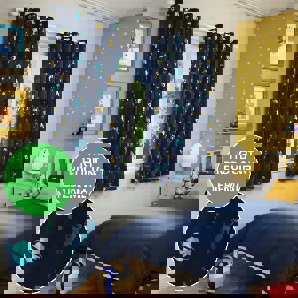 Enhanced Living Infinity Kids Blue Space and Football Thermal Room Darkening Eyelet Curtain - For Childrens Bedroom