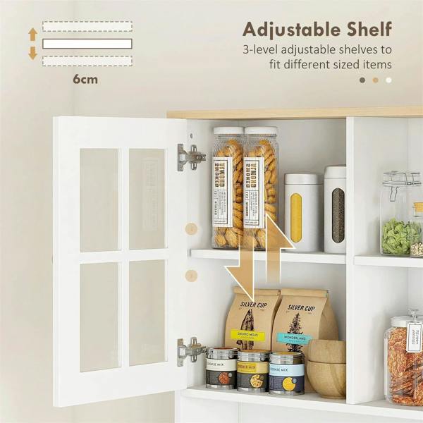 White cupboard interior with adjustable multi-level shelves behind grid glass door