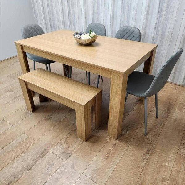 KOSY KOALA 6 Seater Modern Light Wood Dining Table Set with 4 Grey Gem Pattern Chairs and Bench  H75 x L140 x W80 cm