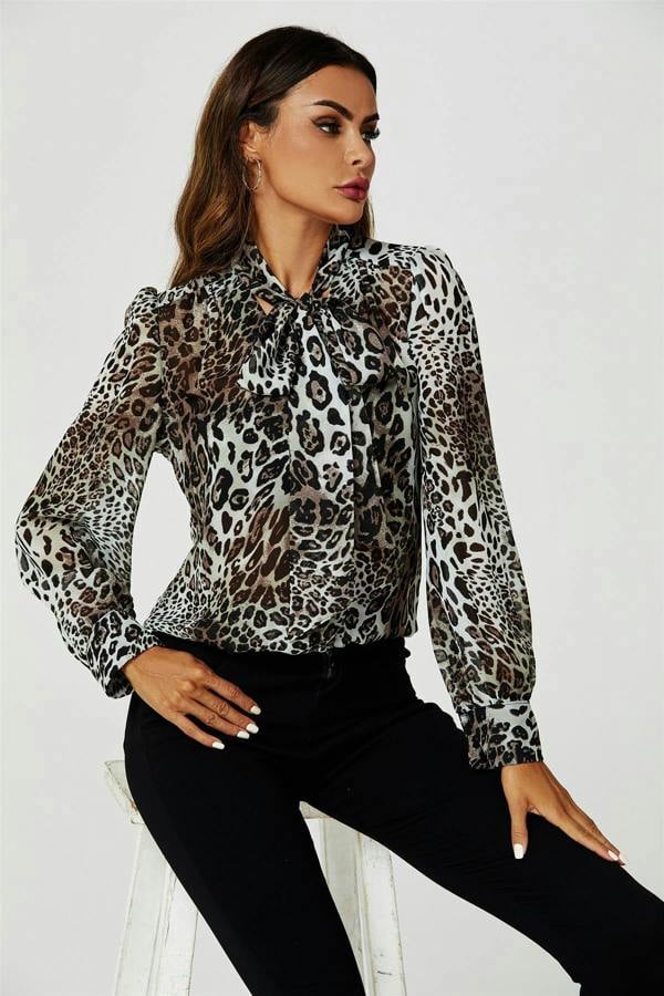 FS Collection Tie Detail long sleeve Blouse Top In Beige