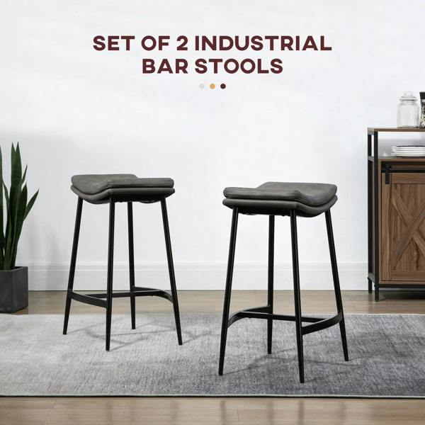 Set of 2 industrial bar stools with grey curved seats and black steel frames