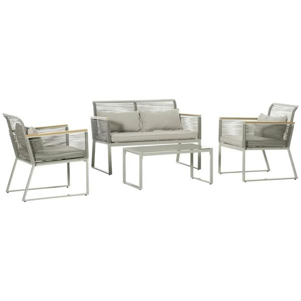Grey rattan garden set: sofa, two armchairs, and square coffee table with beige cushions